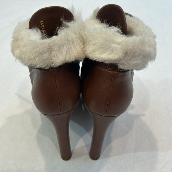 GUCCI MARMONT LOGO cognac LEATHER ANKLE BOOTS FAUX FUR TRIM WOMEN’S Size 7 / 37 - Picture 5 of 11